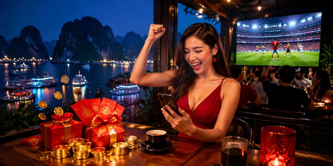 Cảnh sắc Ninh Bình buổi chiều với người dùng kiểm tra thông báo jackpot trên điện thoại